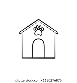 Doghouse hand drawn outline doodle icon. Doghouse with footprint as pet house and care concept. Vector sketch illustration for print, web, mobile and infographics on white background