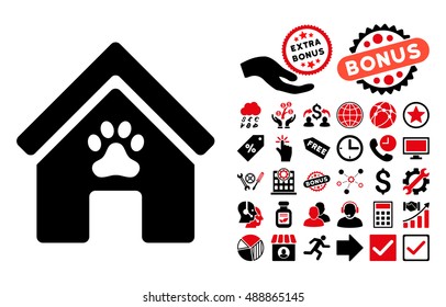 Doghouse icon with bonus design elements. Vector illustration style is flat iconic bicolor symbols, intensive red and black colors, white background.