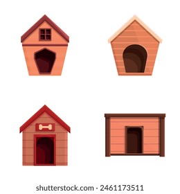 Doghouse icons set cartoon vector. Small cute empty dog house. Wooden booth