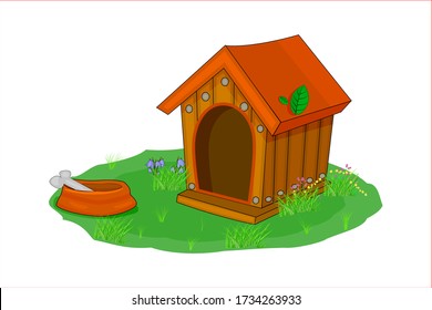 Doghouse Isolated On White Background. Wood Guards House In The Backyard. Empty Dog Kennel With  With Dog Food Bowl Of Bone, Grass And Flower Surrounding. House For Domestic Animal Pet. Stock Vector