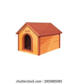 Doghouse isolated wooden dog house realistic icon. Vector wooden home of dog with roof and bone above enter. Empty construction for pet animals, brown cabin building flat design, outside outdoor house