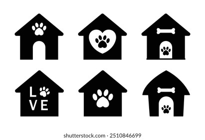 Icono de Vector de la perrera. Icono de la casa de perro con el hueso, el amor, el corazón y el símbolo de la pata. Icono de Vector de casa de perro en color blanco y negro de forma diferente. Ilustración vectorial.