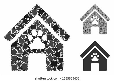 Doghouse mosaic of humpy parts in different sizes and color tints, based on doghouse icon. Vector trembly parts are united into collage. Doghouse icons collage with dotted pattern.