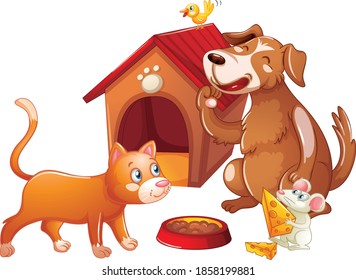 Doghouse with pet animal cartoon character on white background illustration