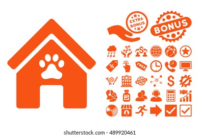 Doghouse pictograph with bonus pictures. Vector illustration style is flat iconic symbols, orange color, white background.