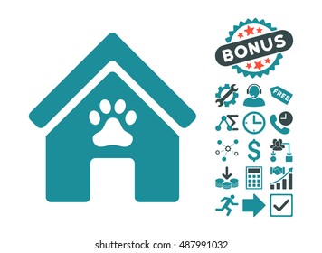 Doghouse pictograph with bonus symbols. Vector illustration style is flat iconic bicolor symbols, soft blue colors, white background.