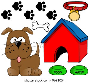 Dog,house,bone and other accessories. Vector design elements.