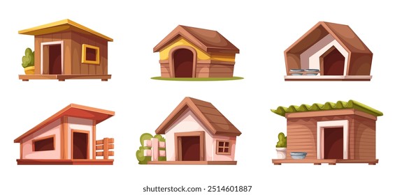 Doghouses set, cartoon wooden dogs kennels. Funny houses made of wood with fences for puppy care and shelter, cartoon collection of backyard and park comic cabins of dogs vector illustration