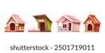 Doghouses set, cartoon wooden garden huts for dogs. Funny pink, green and brown houses with triangle roof, soft pillow for sleeping and bowls for eating dog food, cartoon cabins vector illustration