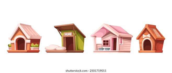 Conjunto de casas de perro, cabañas de jardín de madera de dibujos animados para perros. Divertidas casas de color rosa, verde y marrón con techo triangular, almohada suave para dormir y cuencos para comer comida para perros, cabinas de dibujos animados Ilustración vectorial