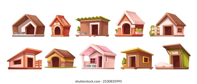 Conjunto de casinhas, casas de jardim de madeira de desenho animado para o cão. Cabanas engraçadas para a coleção de animais de estimação, charme bonito abrigo de quintal com osso e sinal de casa sobre a porta, telhado e tigela, cama travesseiro vetor ilustração