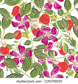 Dogrose berries seamless pattern. Vector background wild rose fruits with green leaf for design label syrup, tea packaging or printing fabric.