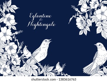 Dog-rose, briar, brier, eglantine, canker-rose and nightingale. Template for wedding invitation, greeting card, gift voucher. Graphic drawing,  Vector illustration.