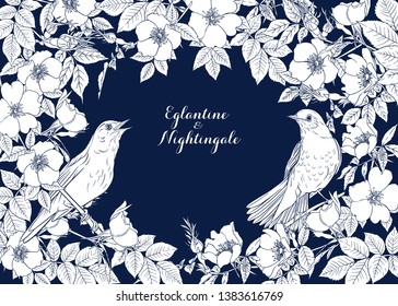 Dog-rose, briar, brier, eglantine, canker-rose and nightingale. Template for wedding invitation, greeting card, gift voucher. Graphic drawing,  Vector illustration.