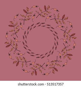 Dogrose. Fruit, buds, leaves. Isolates on purple background. A wreath of dog rose. Circular ornament. For greeting cards, packaging, labels, business cards, Wallpaper, fabrics. Vector illustration