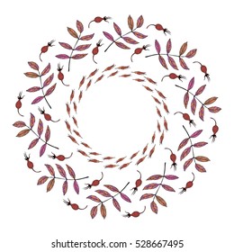 Dogrose. Fruit, buds, leaves. Isolates on white background. A wreath of dog rose. Circular ornament. Suitable for greeting cards, packaging, labels, business cards, Wallpaper, fabrics. Vector