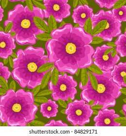 Dogrose seamless pattern. Pink and green. Vector background.