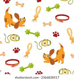 Dogs accessories seamless pattern. Pet shop assortment, store supply items for domestic pets, toys, collars and feed. Vector hand draw illustration.