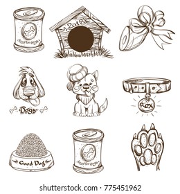 Dogs and accessories for dogs. Set of outline vector illustrations isolated on white background.