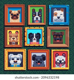 Dogs animals characters pixel art, pictures on the wall, Art Gallery, isolated vector flat style illustration. Dog head. Design for stickers, logo, embroidery and mobile app. Video game assets 8-bit.