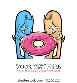 Dogs argue because of a donut. Vector. Place for your text.