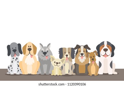 Dogs background with editable blank space on top. Sat dogs in front view position. Vector illustration.