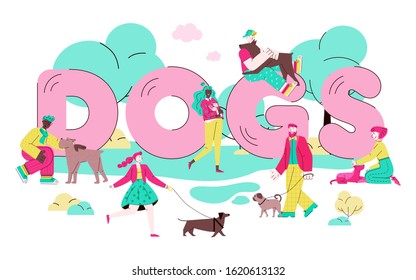 Dogs banner with cartoon pet owners walking and hugging their pets in summer dog park. Young people around giant word - flat isolated vector illustration