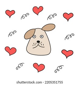 Dogs with beige hearts in style of doodles. Vector isolated image for use in design of children's print or website themes