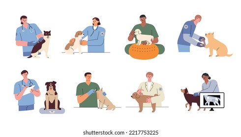 Dogs are being treated by a veterinarian in a veterinary hospital. flat vector illustration.