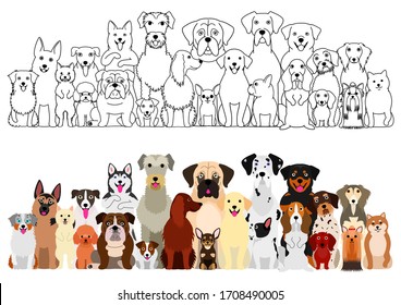 dogs big group, line art and color set