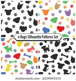 Dogs Black and Colorful Silhouette Patterns Set - 4 Dog Patterns with Footprints, Bones, Dog Food and Balls. Seamless Link.