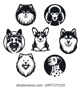 Conjunto de logos de silueta negra para perros. Spitz, Poodle, Pastor alemán, Corgi, Akita Inu, Samoyed, Dalmatian. La cabeza del cachorro de perfil. Icono minimalista y simple. Ilustración vectorial aislada en blanco.