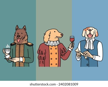 Dogs with body of people in clothes of lords and medieval kings hold mug of tea or glass of wine. Parody dogs in image of aristocrats from high society of 18th century dressed in vintage costumes