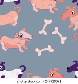 Dogs with a bone on a gray background. Seamless. 