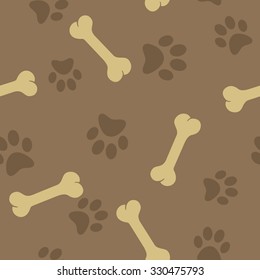 Dogs bone and paws seamless background on light brown, vector