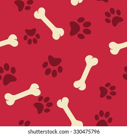 Dogs bone and paws seamless background on red, vector