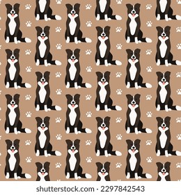 Dogs border collie dog seamless repeat pattern. natural. gender neutral. earth tones. beige, brown. cute pet puppy.