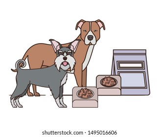 dogs with bowl and pet food on white background