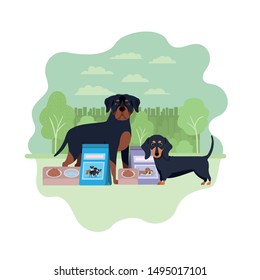 dogs with bowl and pet food on landscape