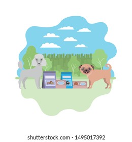 dogs with bowl and pet food on landscape
