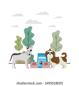 dogs with bowl and pet food on landscape