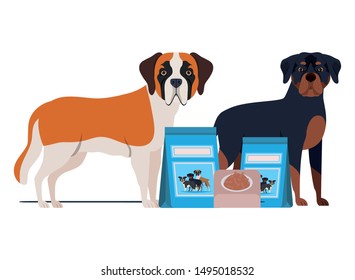 dogs with bowl and pet food on white background