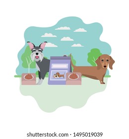 dogs with bowl and pet food on landscape