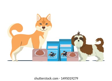 dogs with bowl and pet food on white background