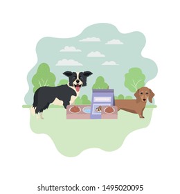 dogs with bowl and pet food on landscape