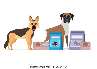 dogs with bowl and pet food on white background