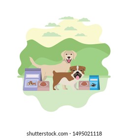 dogs with bowl and pet food on landscape