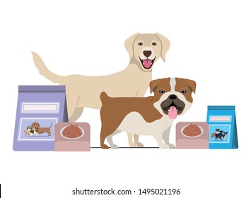 dogs with bowl and pet food on white background