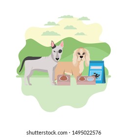 dogs with bowl and pet food on landscape