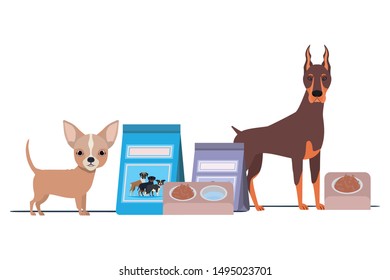 dogs with bowl and pet food on white background